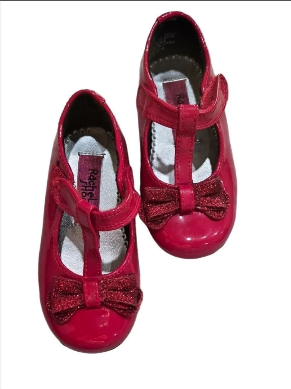 Rachel Shoes Red Patent T-Strap Dress Shoes with Glitter Bow